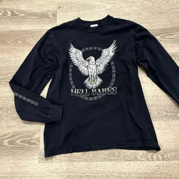 Hell Babes Graphic Long Sleeve Eagle Chain Print Top Black Medium89 - Picture 5 of 15